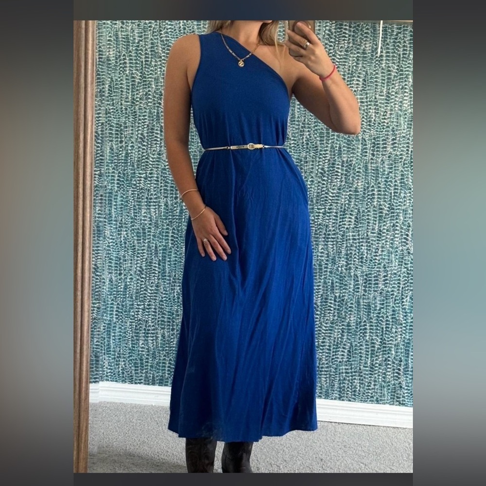 Rachel Zoe one shoulder colbalt Blue midi linen dress
